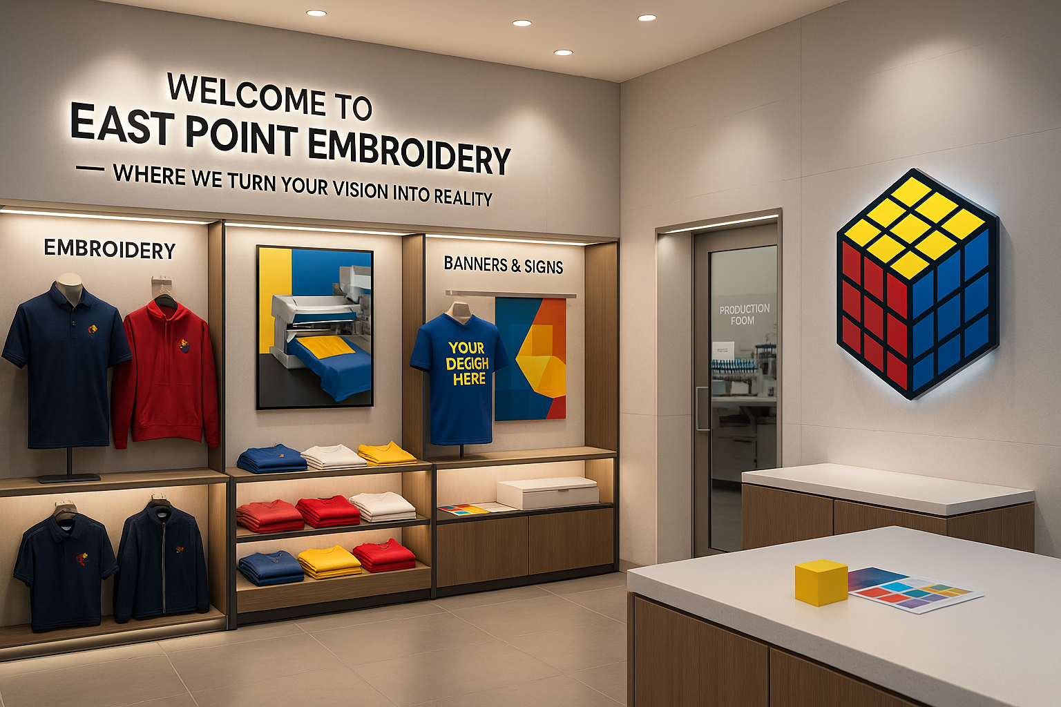 Modern embroidery and branding studio in East Point, GA featuring East Point Embroidery logo and apparel display